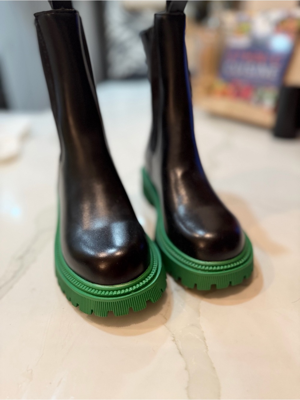 Free People black  Leather Chelsea Boots with Green Lug Sole